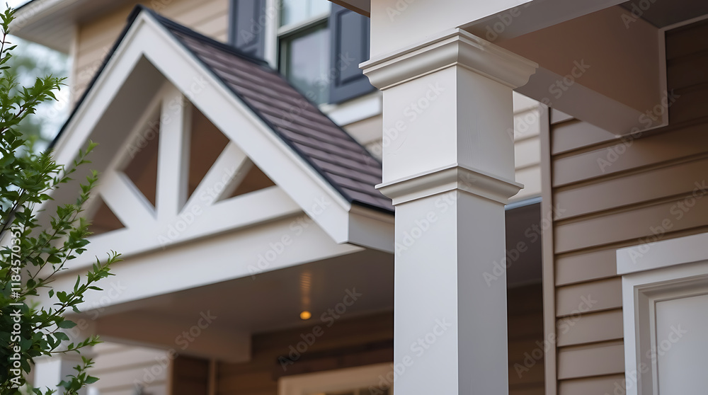 Fototapeta premium Residential House Exterior: Gable, Column, and Siding Detail
