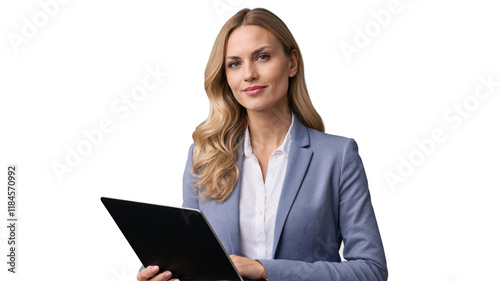 Confident Female Entrepreneur Holding Laptop – Transparent PNG Image