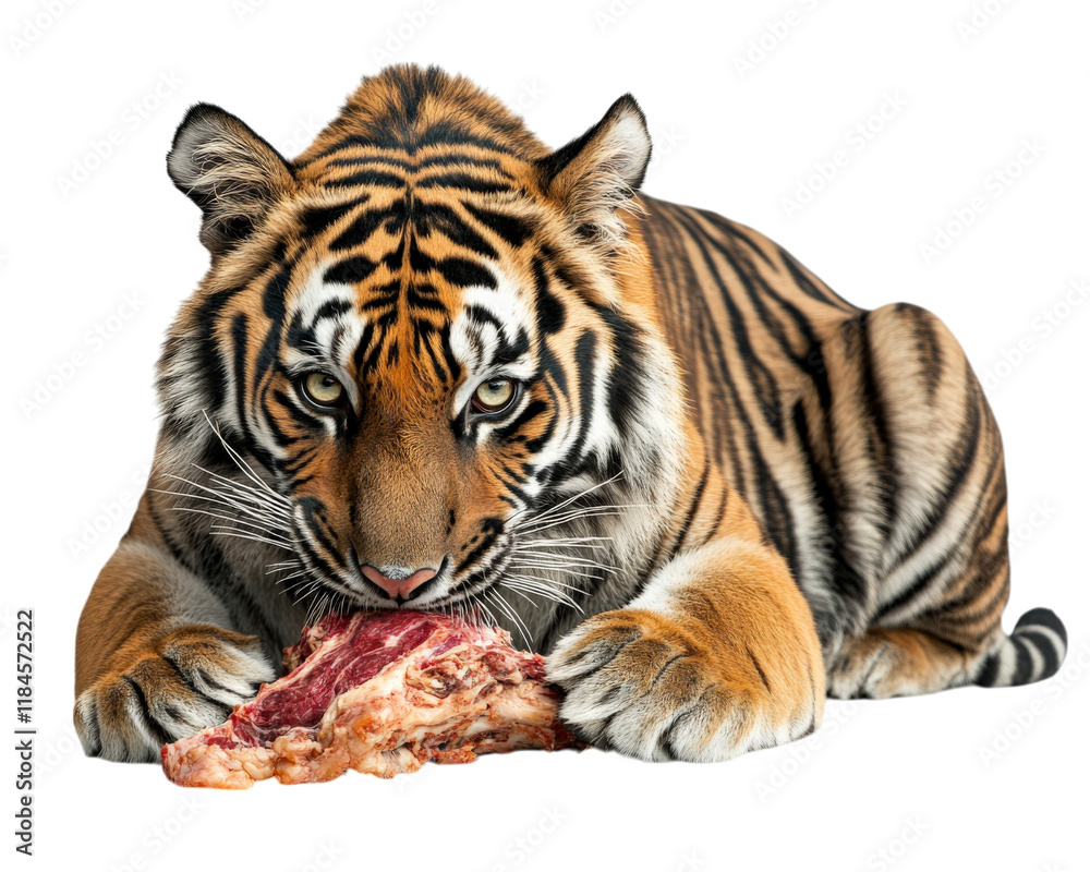 Fototapeta premium A tiger eating piece of meat, showcasing its powerful features and striking fur patterns. image captures essence of this majestic animal in natural pose