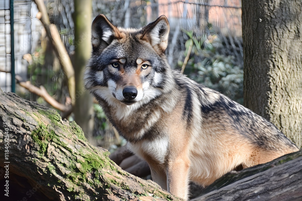 Fototapeta premium Wolf in Forest Habitat: Majestic Canine Gazes Intensely