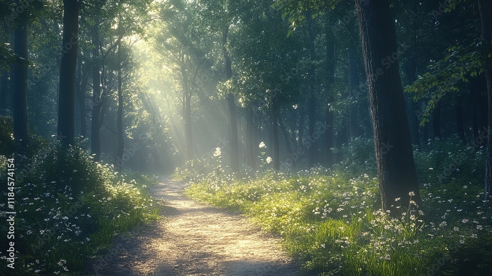 Obraz premium Serene forest path illuminated by morning sunlight, tranquil and inviting nature scene 