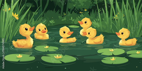 Adobe Illustrator Artwork, Ducklings Swimming in a Peaceful Pond
