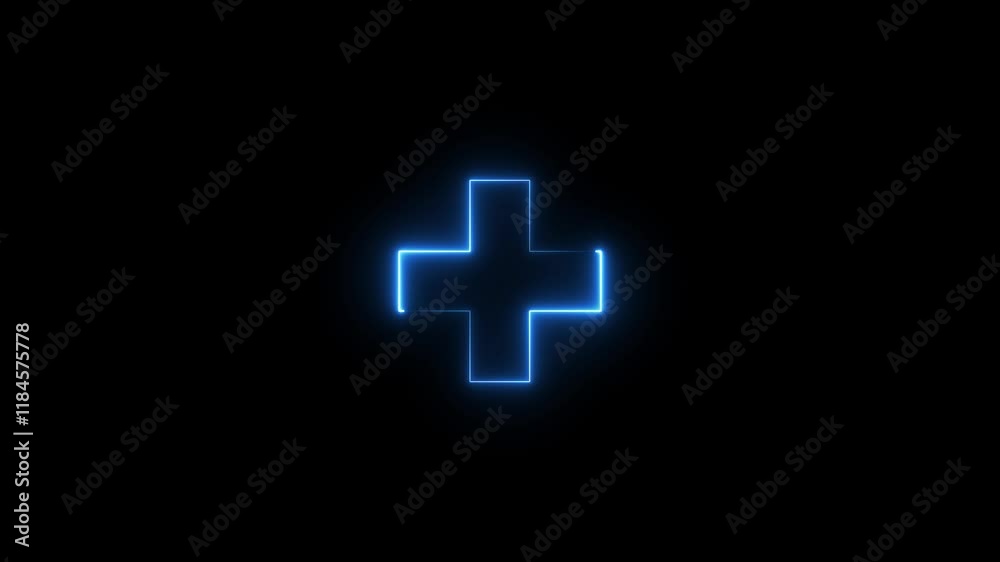 Neon plus sign,  symbol on black background .Neon plus sign, pink blue symbol on black background. Loop 