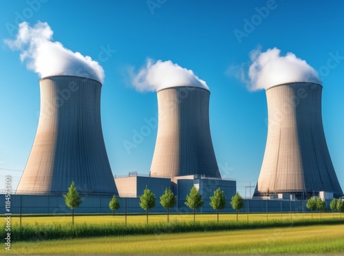 Cooling towers release steam into the clear blue sky at a nuclear power facility on a sunny afternoon photo