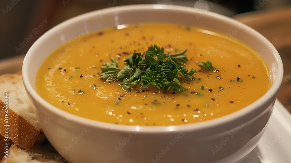A fresh bowl of homemade soup with bread on the side A fresh bowl of homemade soup with bread on the side