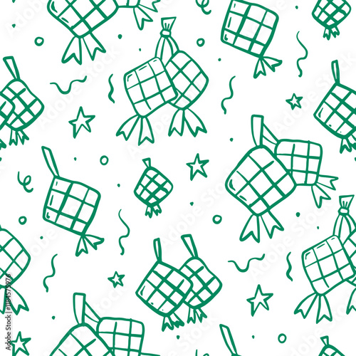 A fun seamless doodle pattern of ketupat, stars, and crescents, evoking Ramadan’s festive atmosphere.