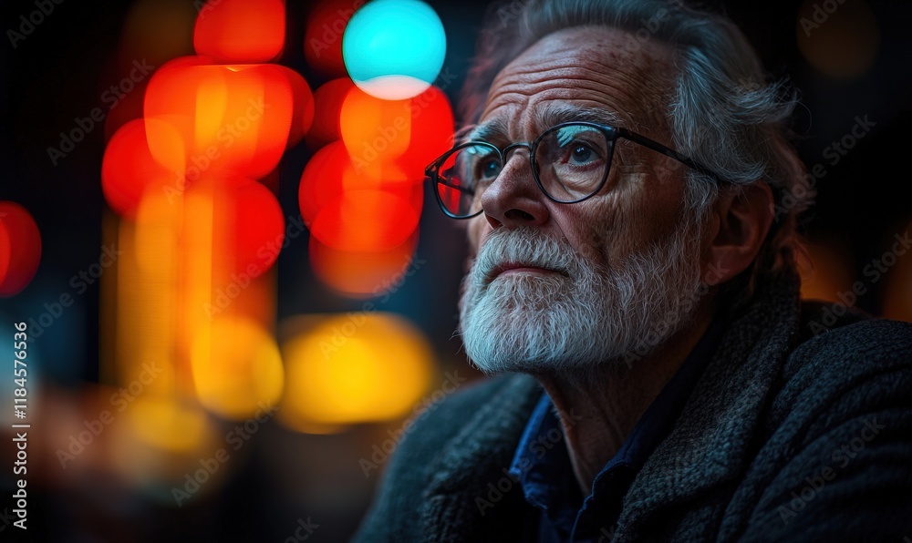 Fototapeta premium An elderly man gazes thoughtfully into the distance, illuminated by colorful lights.