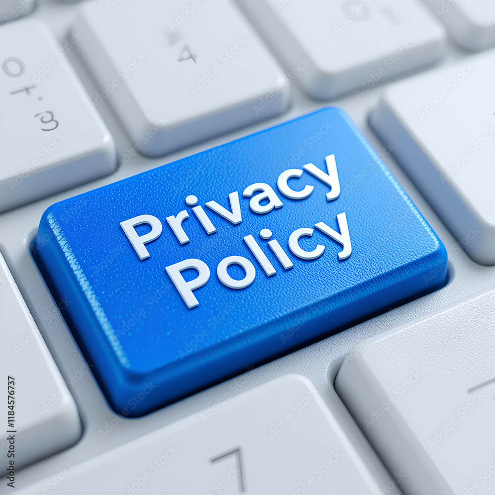 Privacy policy button on a blue keyboard key with white text, digital hardware design for confidential company branding. Privacy policy button on a blue keyboard key with white text, digital hardware design for confidential company branding.