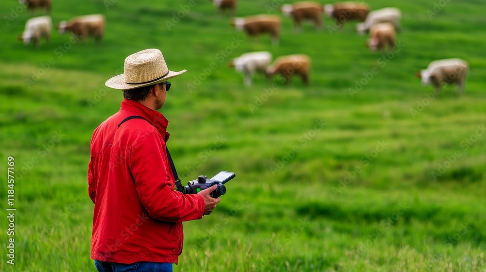 A person in a hat observes cattle in a green field while holding a device. A person in a hat observes cattle in a green field while holding a device.