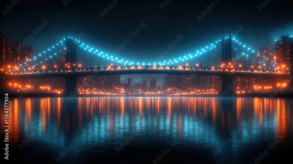 Night cityscape with illuminated bridge and city lights reflecting on water Night cityscape with illuminated bridge and city lights reflecting on water