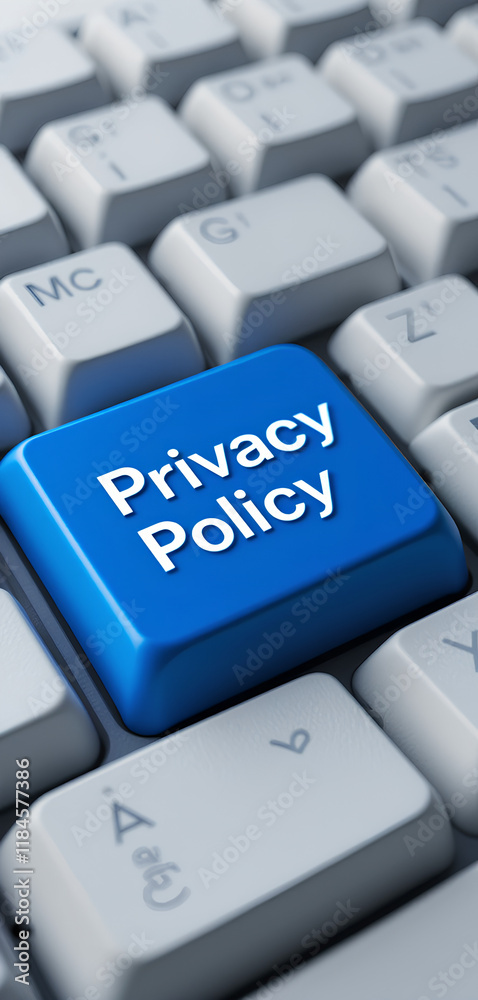 Privacy policy button on a blue keyboard key with white text, digital hardware design for confidential company branding. Privacy policy button on a blue keyboard key with white text, digital hardware design for confidential company branding.