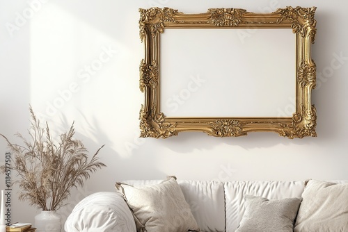 Golden Frame Elegance: An ornate golden picture frame takes center stage against a minimalist backdrop, inviting you to imagine the artwork it could hold. photo