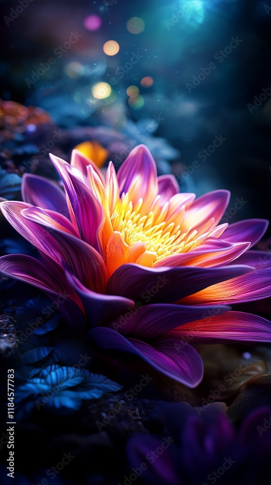 Vibrant purple and orange lotus flower glows in the dark. Magical, mystical bloom. Vibrant purple and orange lotus flower glows in the dark. Magical, mystical bloom.