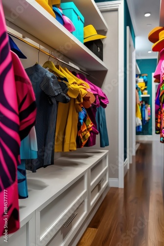 Colorful wardrobe showcasing vibrant clothing and stylish accessories.