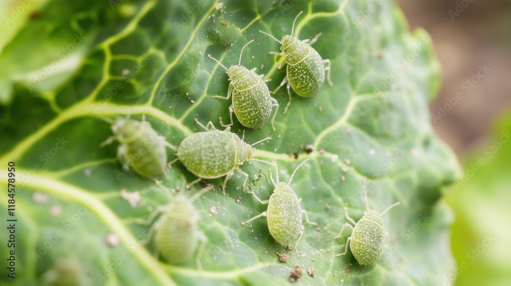 Close-up of Green Insects on a Cabbage Leaf