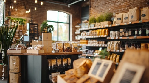 Stylish Rustic Grocery Store Interior with Shelves of Artisanal Products