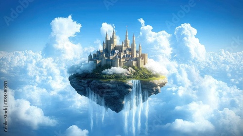 A majestic castle, perched atop a floating island, cascades into a sea of clouds.  An ethereal scene of fantasy and wonder, bathed in sunlight. photo