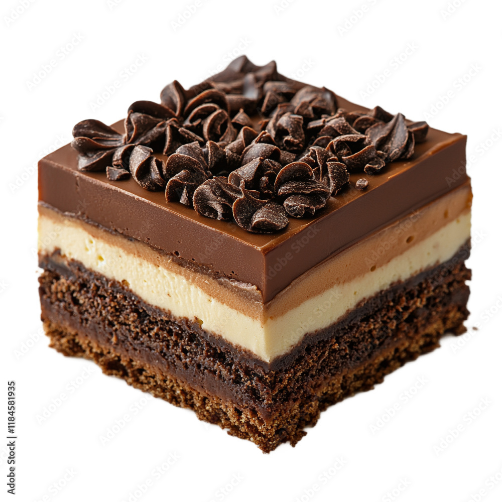 A square slice of layered chocolate cake with cream filling and chocolate frosting. A square slice of layered chocolate cake with cream filling and chocolate frosting.