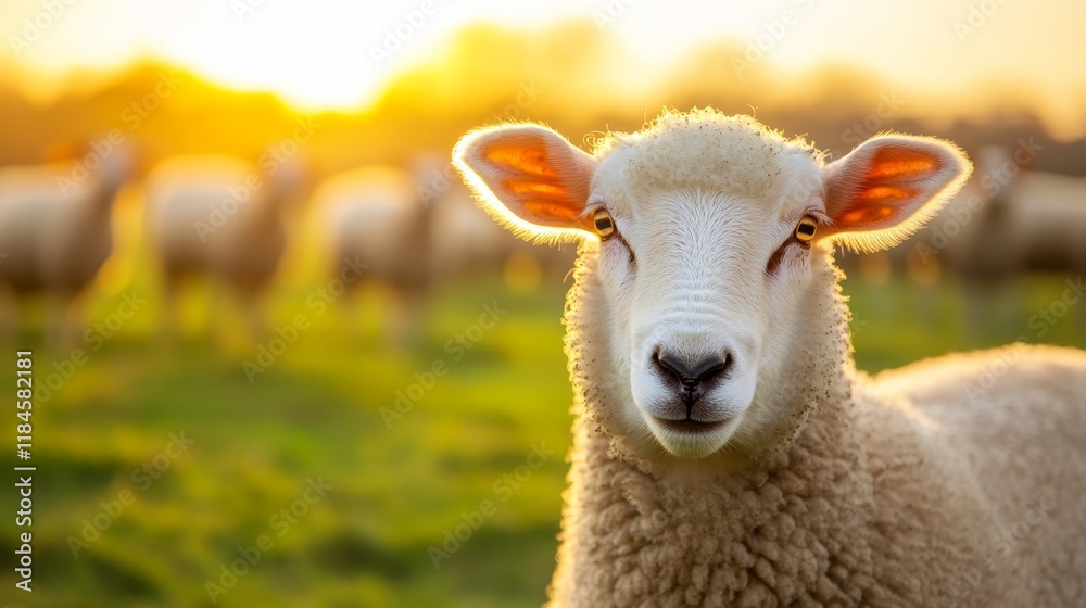 A close-up of a sheep in a sunlit field with other sheep in the background. A close-up of a sheep in a sunlit field with other sheep in the background.