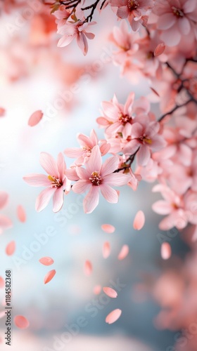Vibrant Pink Cherry Blossoms Bursting with Spring Vibrancy on Lush Green Branches under Soft Pastel Sky