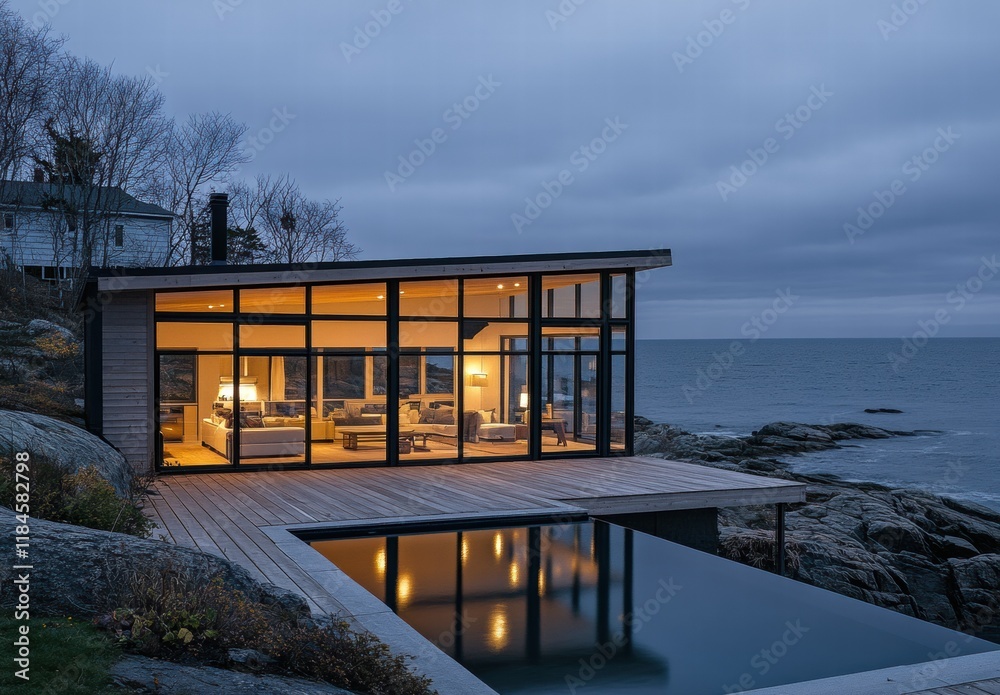 Obraz premium A house with a pool and a large glass window