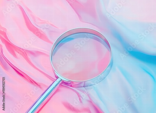 A silver magnifying glass is on a pink and blue fabric