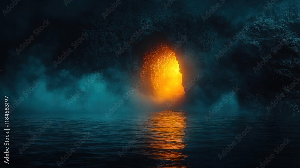 Obraz premium Mysterious glowing portal in a dark cave reflected in still water