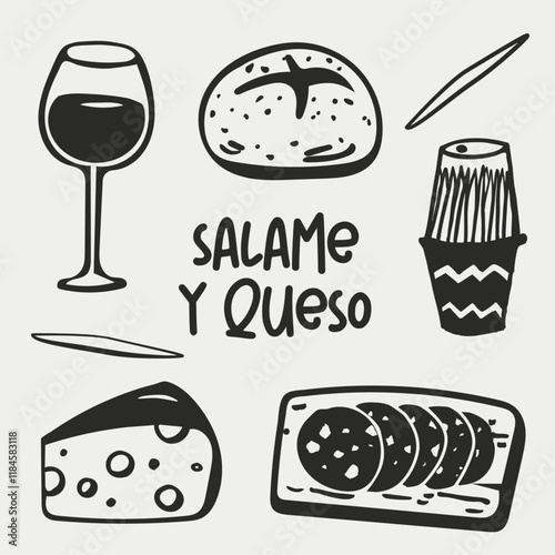 Set de iconos, comidas argentinas,queso, salame, vino, pan, palillos, vectorial editable, doodles, icon