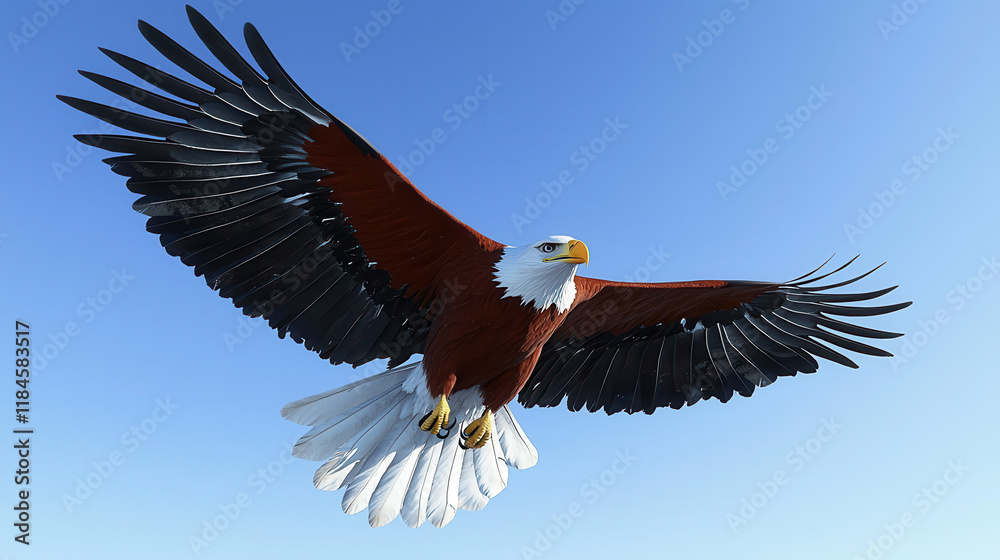 Fototapeta premium Majestic eagle soaring in clear blue sky, showcasing its powerful wings