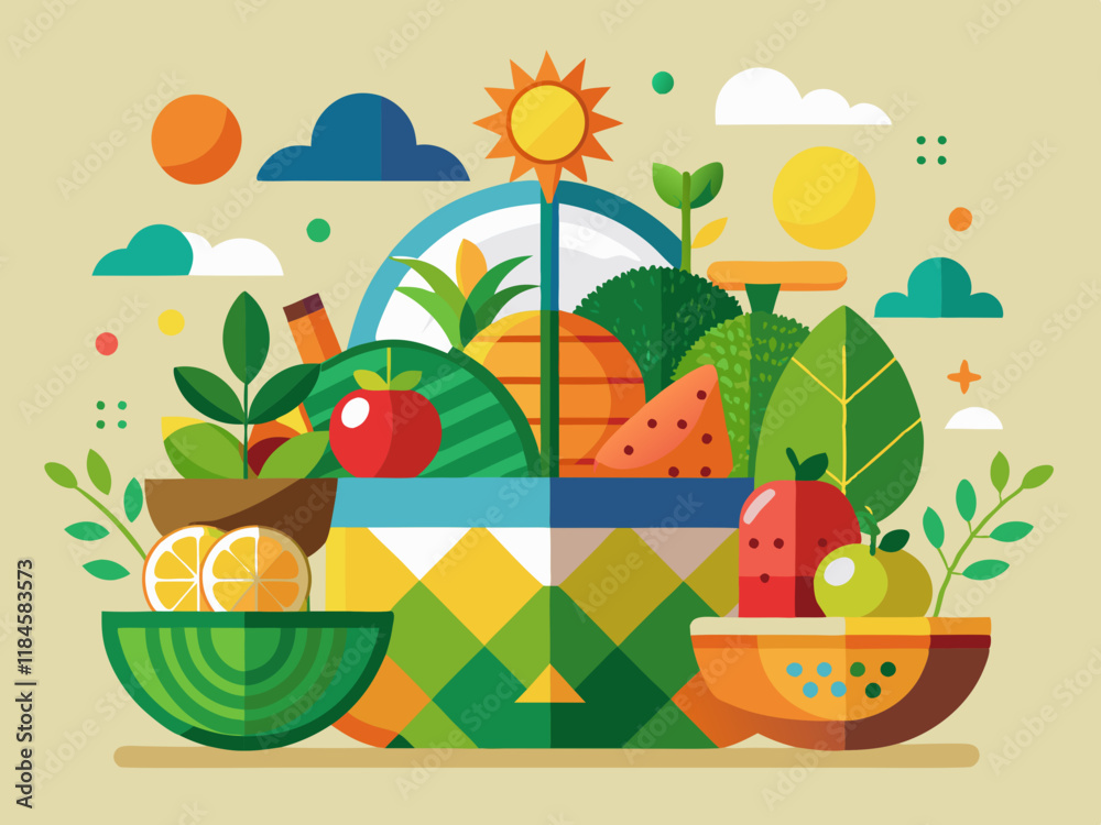 Fototapeta premium Colorful Fruit and Vegetable Basket Illustration – Vibrant Healthy Food Design