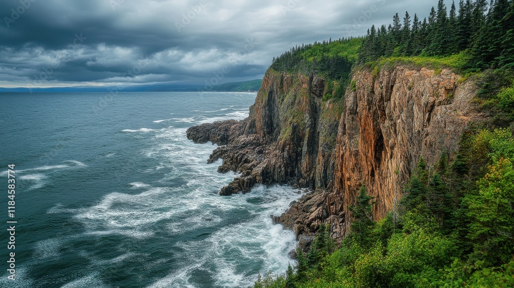 Fototapeta premium Dramatic rocky coastline with crashing waves under moody skies showcasing nature's raw beauty