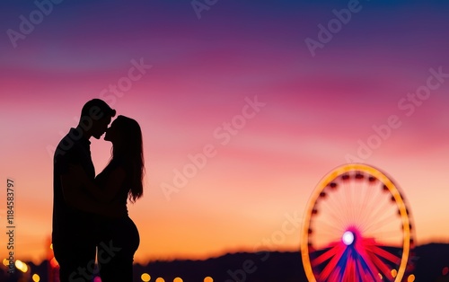 A romantic silhouette of a couple kissing against a vibrant sunset, with a ferris wheel illuminated in the background. photo