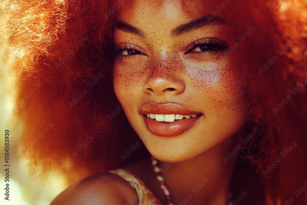 Fototapeta premium Lovely happy mixed-race girl - for ads, brochure and web marketing banner use. Commercial promotion creative design. Long trim - afro hair. Vibrant hair advertising artistry. Black girl models.
