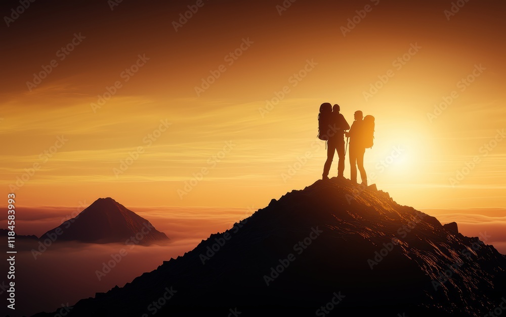 Two hikers stand on a peak at sunset, silhouetted against a vibrant sky, capturing the essence of adventure and exploration. Two hikers stand on a peak at sunset, silhouetted against a vibrant sky, capturing the essence of adventure and exploration.