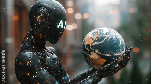 Fototapeta Naklejka Na Ścianę i Meble -  A black robot with artificial intelligence, the letters AI on its head, holding the planet earth in its hands, taking control over the world