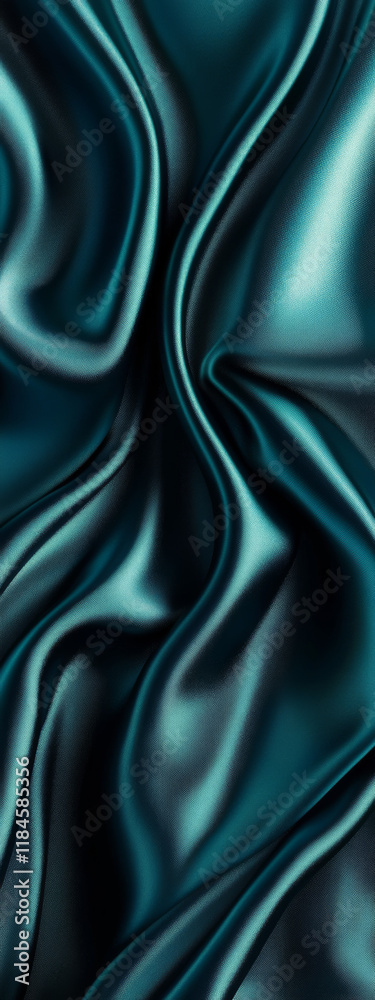 Fototapeta premium Emerald and dark teal abstract background. Silk satin fabric with shimmering glitter effects, smooth drapery folds, and a gentle gradient. Blank template.