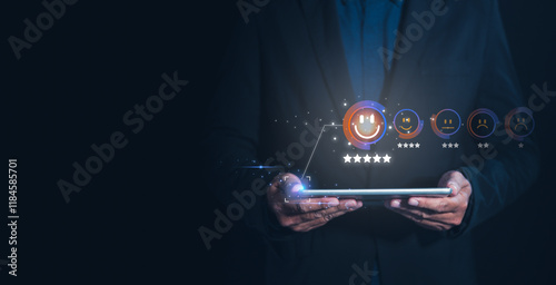 A businessman holds a tablet displaying digital ratings and reviews, emphasizing the importance of feedback and customer satisfaction in a modern, tech-savvy environment. Score satisfaction concept