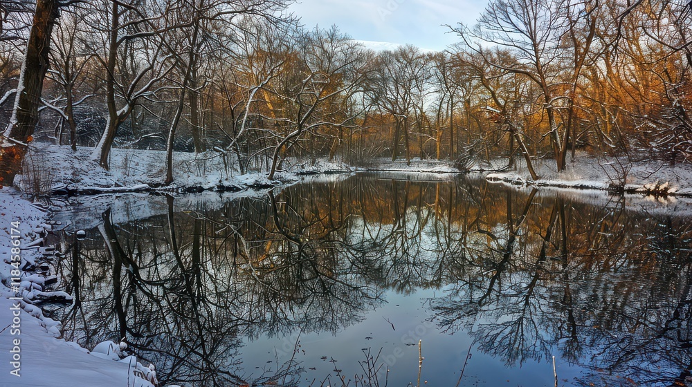 A serene winter lake reflecting the surrounding snow-covered trees. A serene winter lake reflecting the surrounding snow-covered trees.