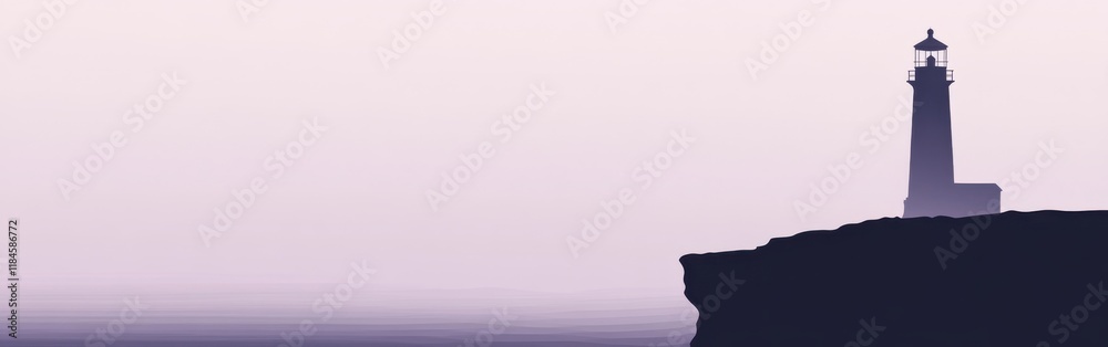 Silhouette of a lighthouse on a cliff at dusk in calming muted gray and lavender tones