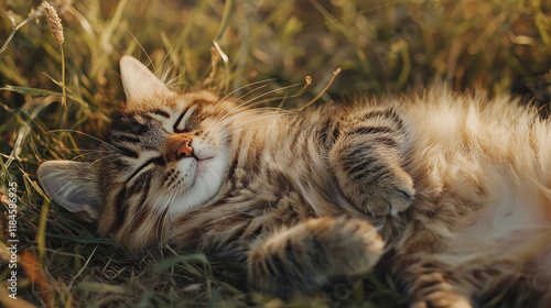 Playful little domestic cat lying on her back in grass, adorable kitten pet animal on a sunny summer day outside or outdoors in nature. photo