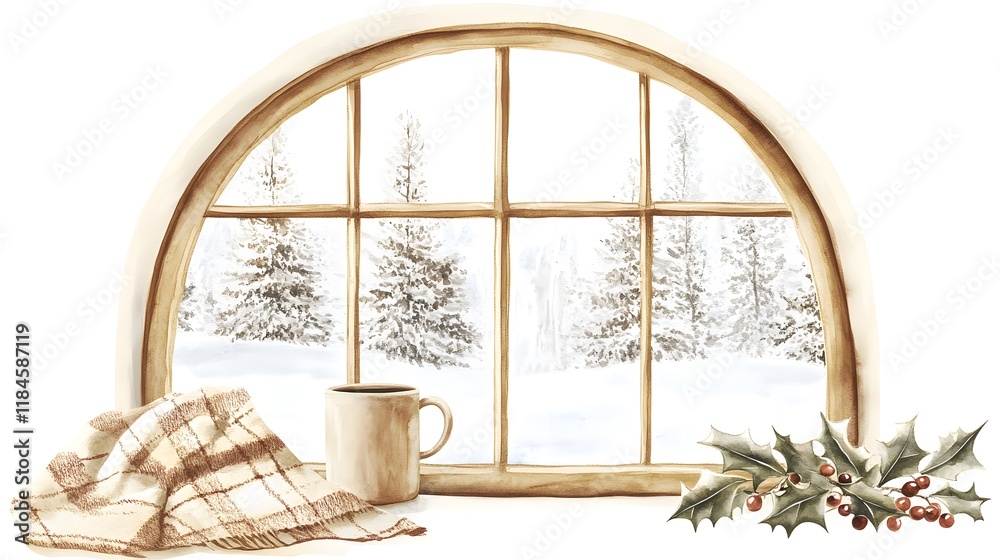 A beautiful arched window with snow outside, a winter theme A beautiful arched window with snow outside, a winter theme