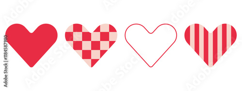 Heart symbol icon set, red pink colour classic flat design, logo shape, outline contour, checkered and striped isolated elements. White background. Vector illustration