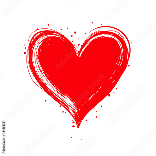 Red heart with expressive brush strokes and paint splatters on a clean white background, symbolizing love and passion. Valentine's day illustration.