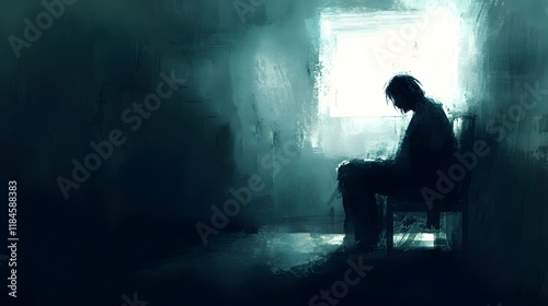 Somber Reflection of Solitude in a Dimly Lit Room Captures the Essence of Isolation, Contemplation, and Emotional Depth in a Striking Artistic Representation