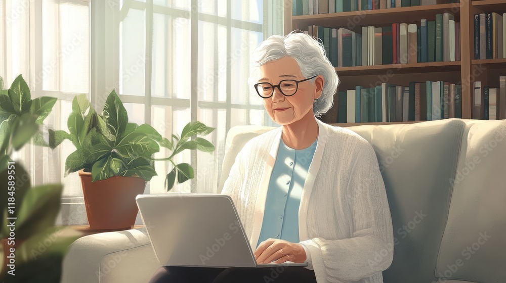 Serene older woman working on laptop in modern living room filled with sunlight and plants Serene older woman working on laptop in modern living room filled with sunlight and plants