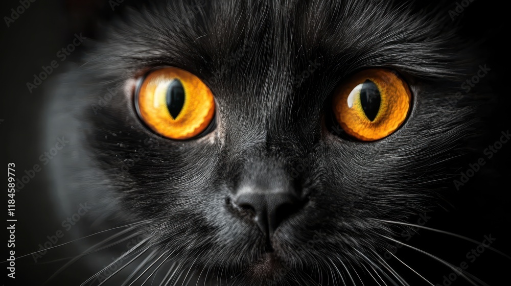 Black cat with bright yellow eyes, black cat shrouded in darkness, eyes reflecting a hidden mystery and a haunting stare. Black cat with bright yellow eyes, black cat shrouded in darkness, eyes reflecting a hidden mystery and a haunting stare.