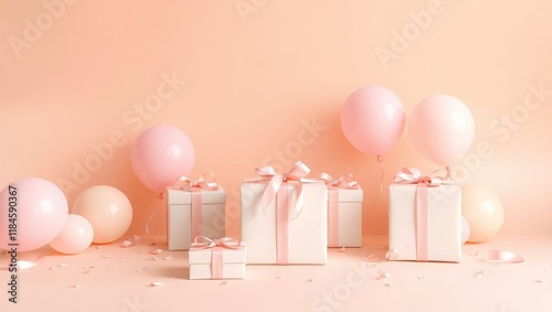 A plain champagne beige background with rose gold balloons and gifts wrapped with soft pink ribbons, Plain space in the center for editing, can be used as backgrounds for Anniversaries, birthdays etc