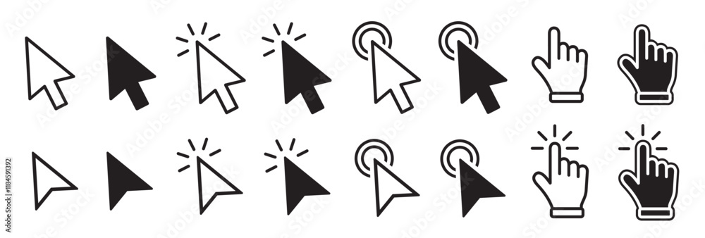 Ensemble d'icônes de curseurs. Curseurs flèches de sélection et curseurs de mains de sélection. Illustration vectorielle.