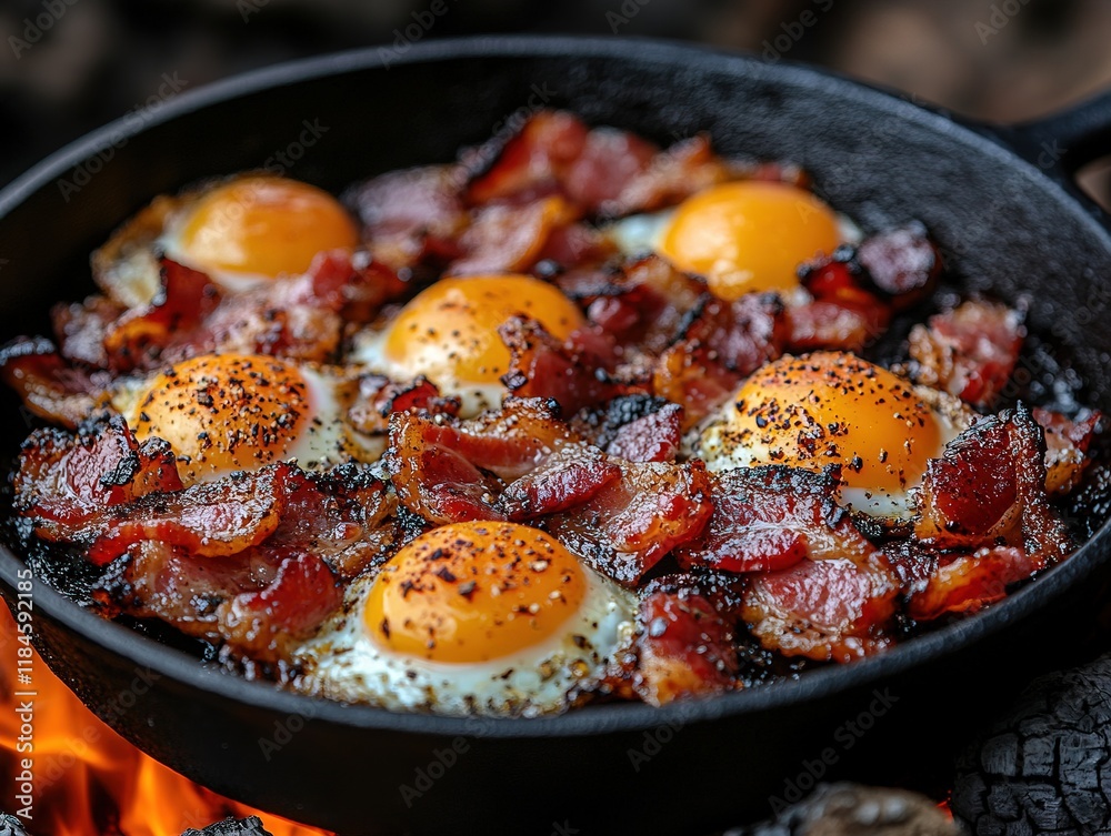 A skillet filled with crispy bacon and sunny-side-up eggs, sizzling over an open flame. A skillet filled with crispy bacon and sunny-side-up eggs, sizzling over an open flame.