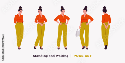 Modern businesswoman stand, wait pose set. Business lady in high waisted pants, loose office work long trousers with belt, attractive classy blouse female model. Vector flat style cartoon illustration